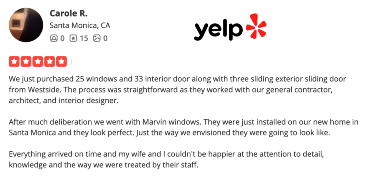 Westside Door The Best Little Doorhouse in Town Since 1971 – 5 Star Yelp Review Purchased 25 Windows and 33 Interior Doors in West Los Angeles Window and Door Dealer MARVIN Windows and Doors 90064