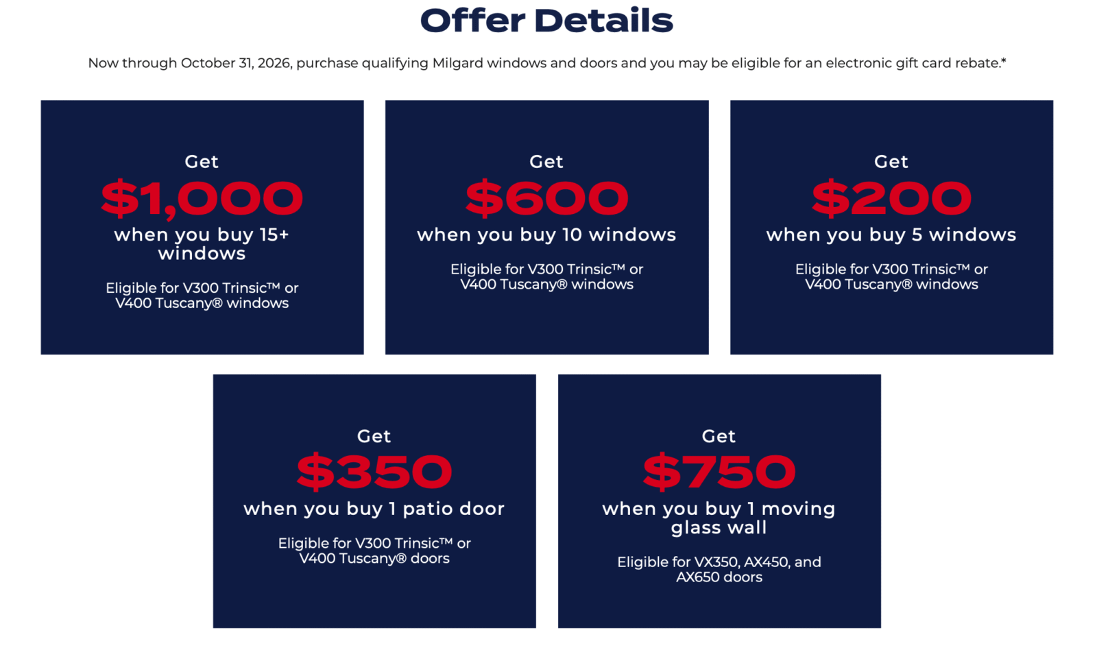 MILGARD FALL SAVINGS SPECIAL - Starting September 1, 2026 thru October 31, 2026 Buy more. Get more. You can submit your claim through the Milgard Promo Registration page using promo code FALL2026. The Milgard